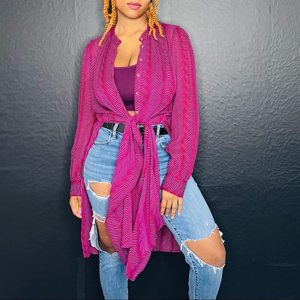 Maeve by Anthro sheer chevron print purple chiffon duster